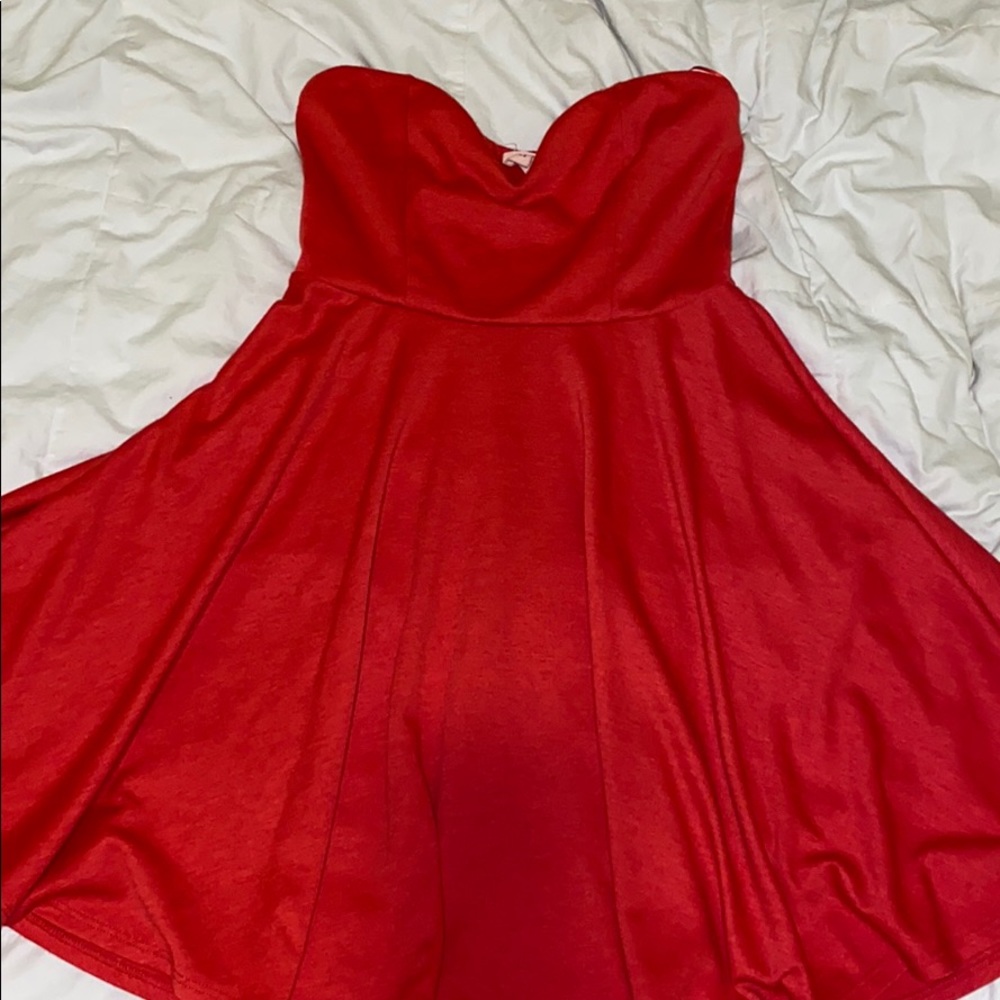 Brick Red Flirty Strapless Iceskating Style Dress